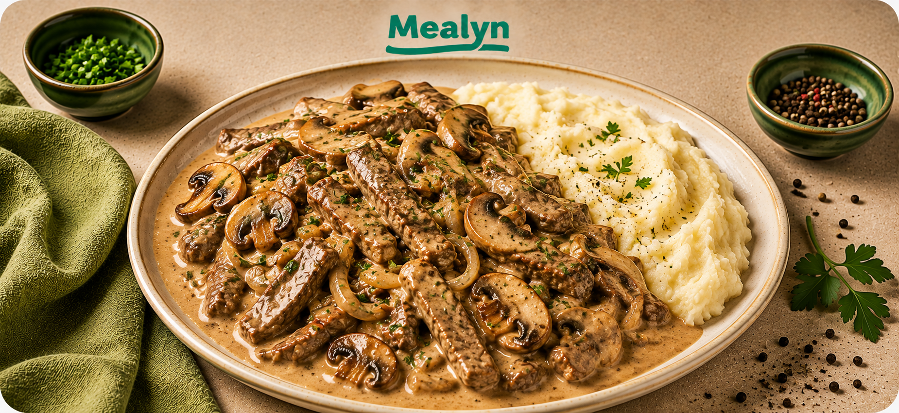 Beef Stroganoff met aardappelpuree