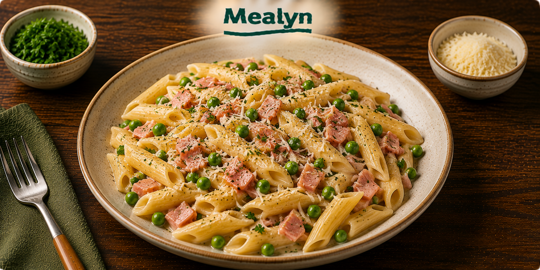 Pasta met ham en doperwten