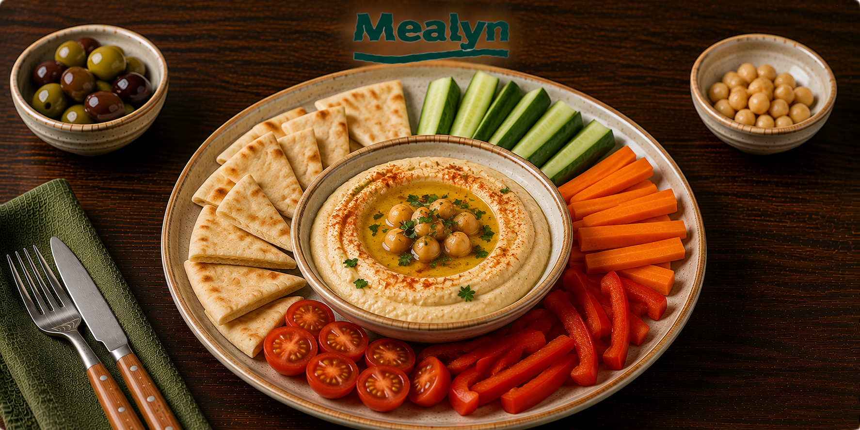 Hummus met groenten en pita